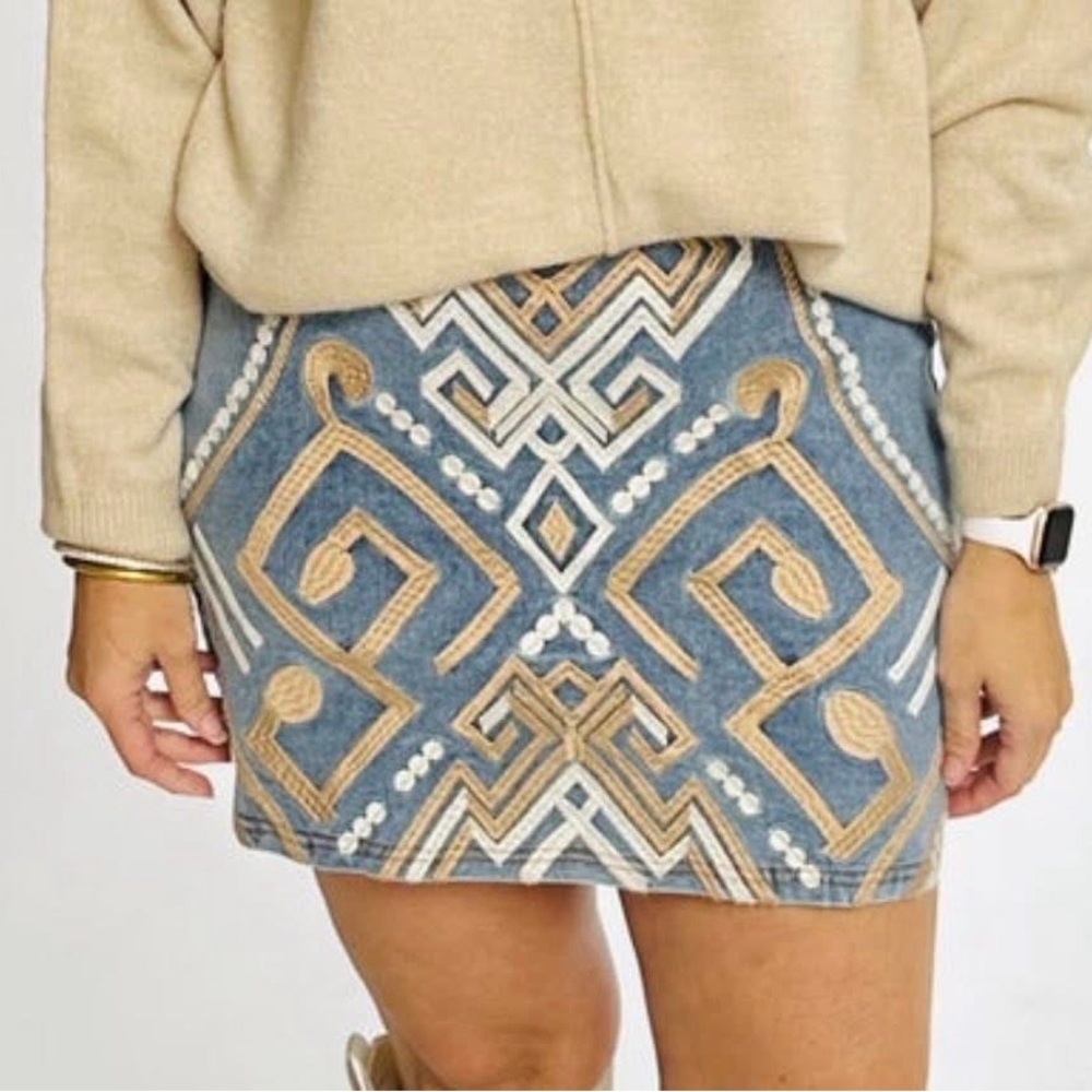 Savanna Jane Blue Embroidered Geo Mini Skirt with Tan & White Accents